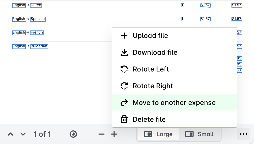 Document viewer three-dot menu in the web portal with the Move to another expense option highlighted.