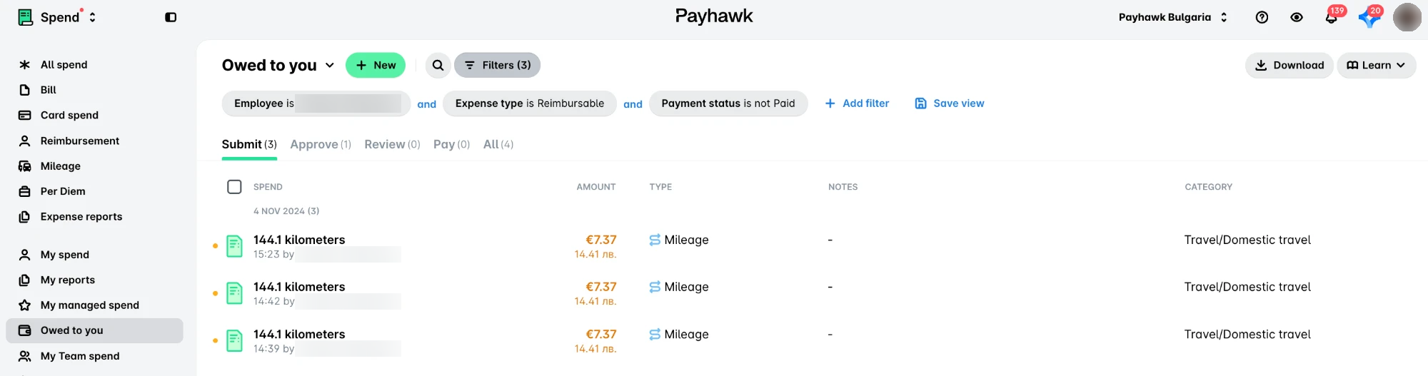Owed to you view in the Spend module of the Web Portal, filtered to your reimbursable expenses that are not paid yet, with the Submit tab open.