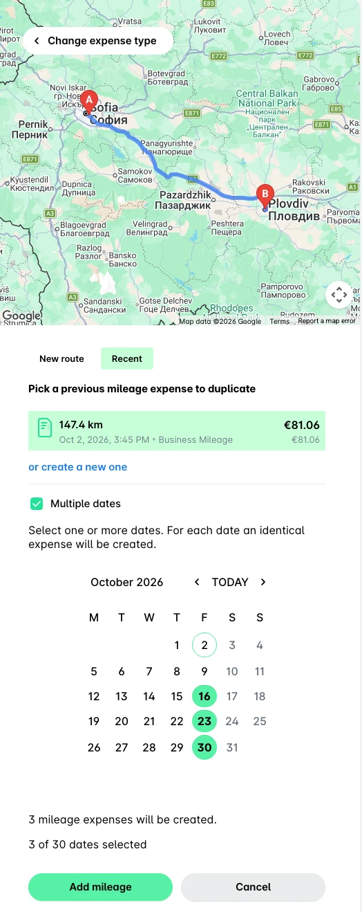 Recent tab of the mileage form with a previous mileage expense selected, Multiple dates ticked and three dates picked in the calendar.