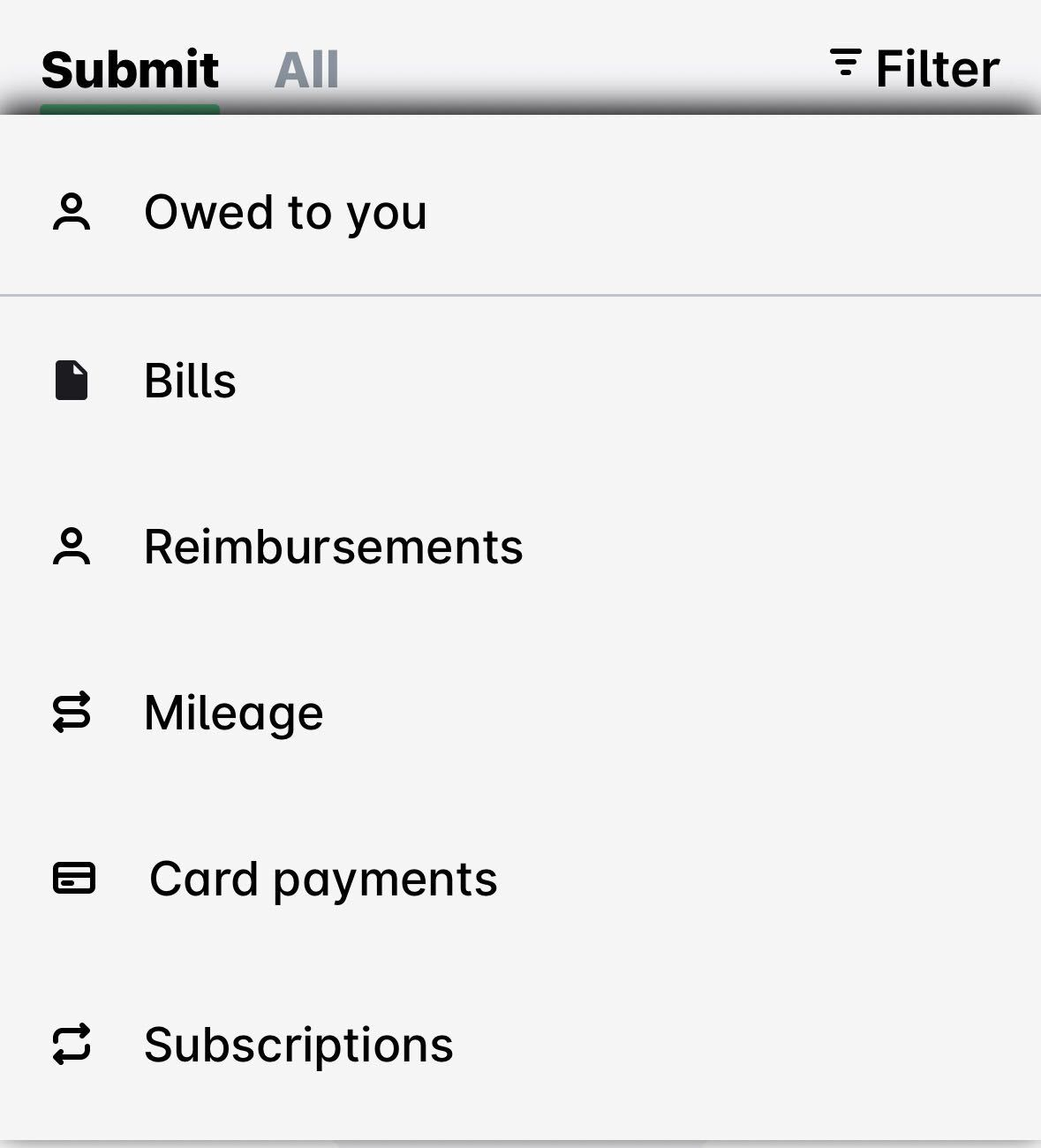 Spend filter menu in the mobile app with the Owed to you option at the top, followed by Bills, Reimbursements, Mileage, Card payments and Subscriptions.
