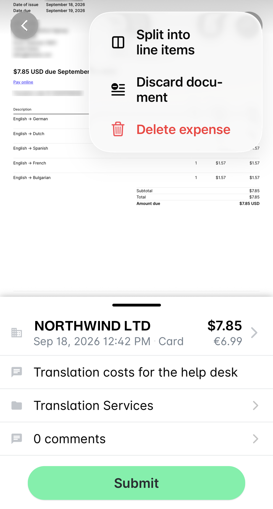 Expense in the mobile app with its three-dot menu open and the Split into line items option at the top.