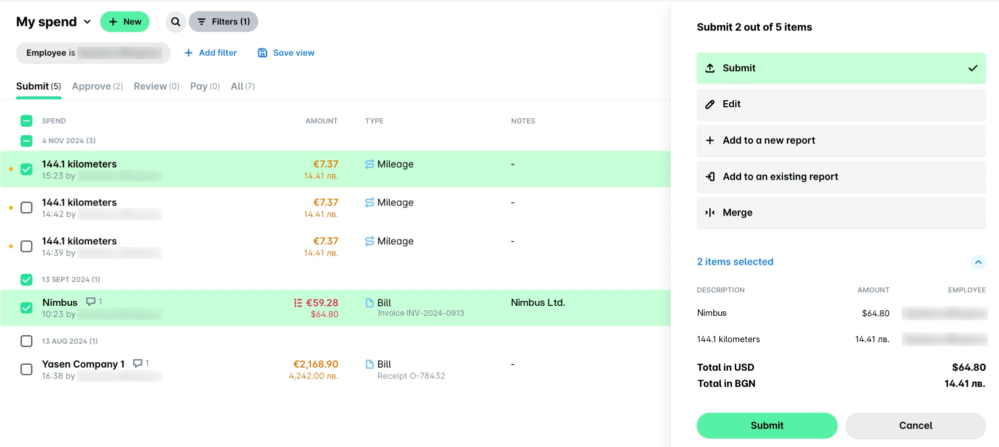 Spend list with two expenses selected in the Submit tab, next to the bulk action panel with Submit selected and a summary of the selected items.