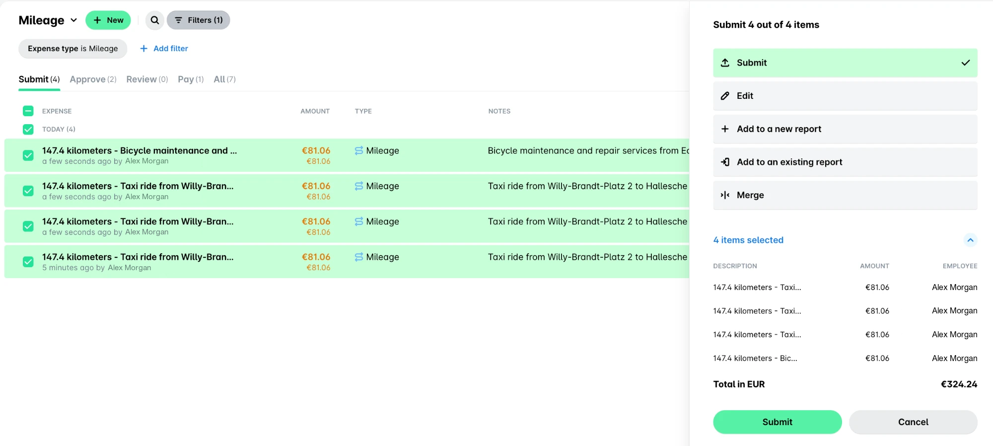 Spend list filtered by the Mileage expense type with four mileage expenses selected and the Submit 4 out of 4 items panel open.