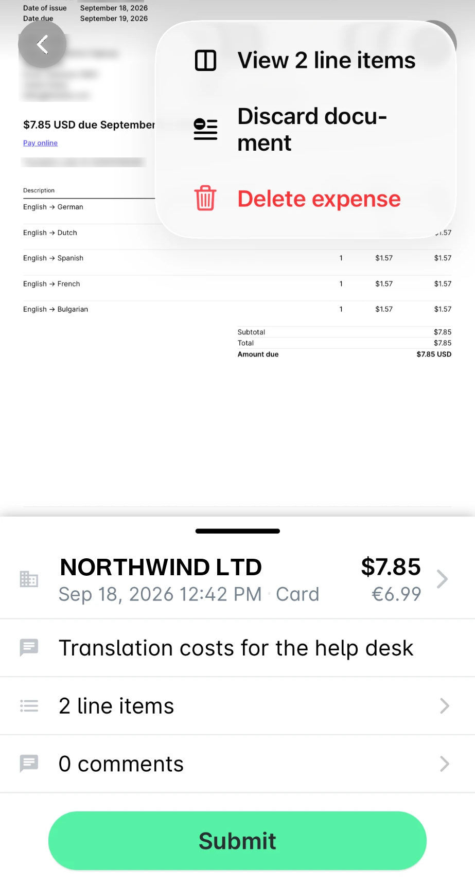 Expense in the mobile app with its three-dot menu open and the View 2 line items option at the top.
