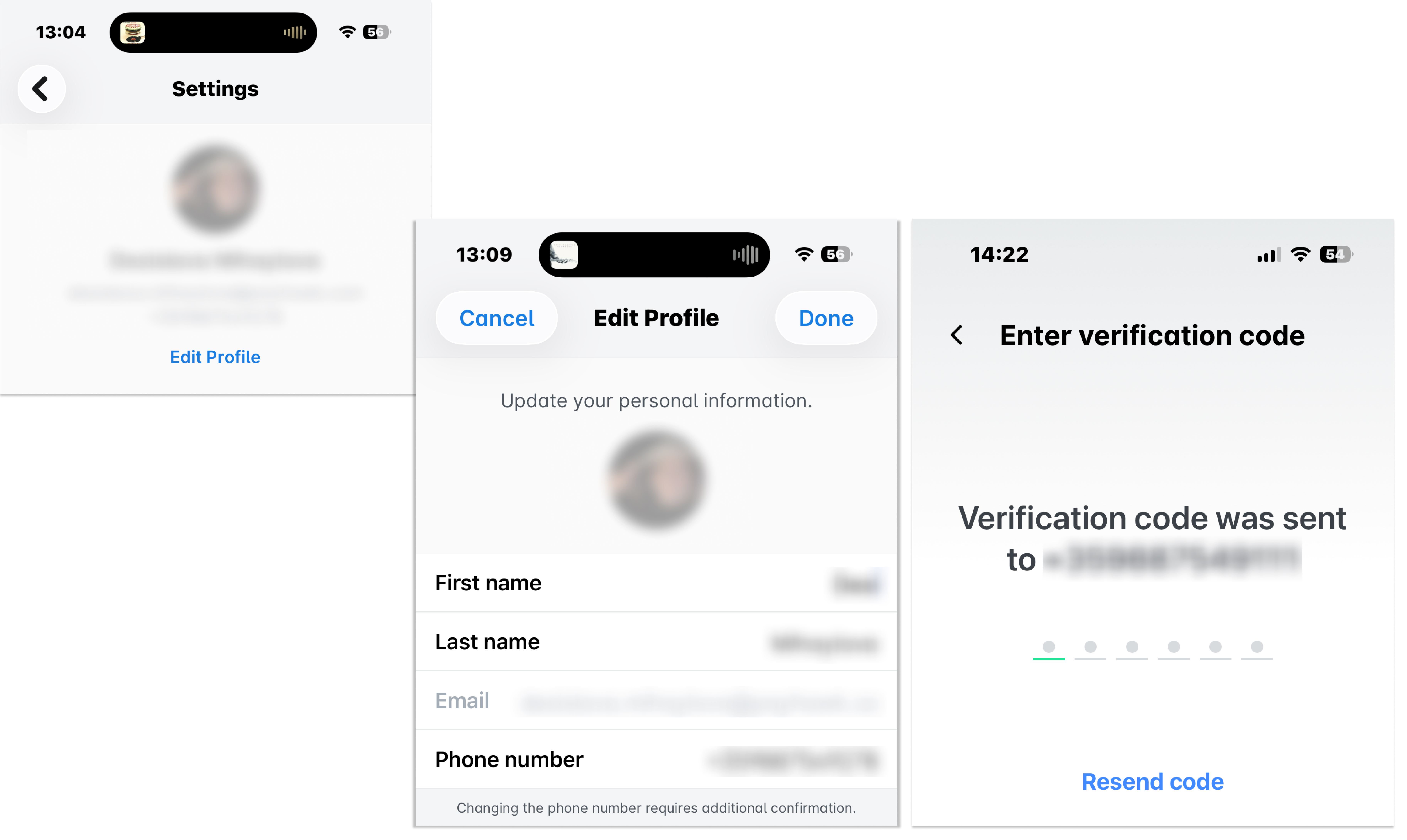 Screenshots showing profile settings, editing options, and verification code entry.