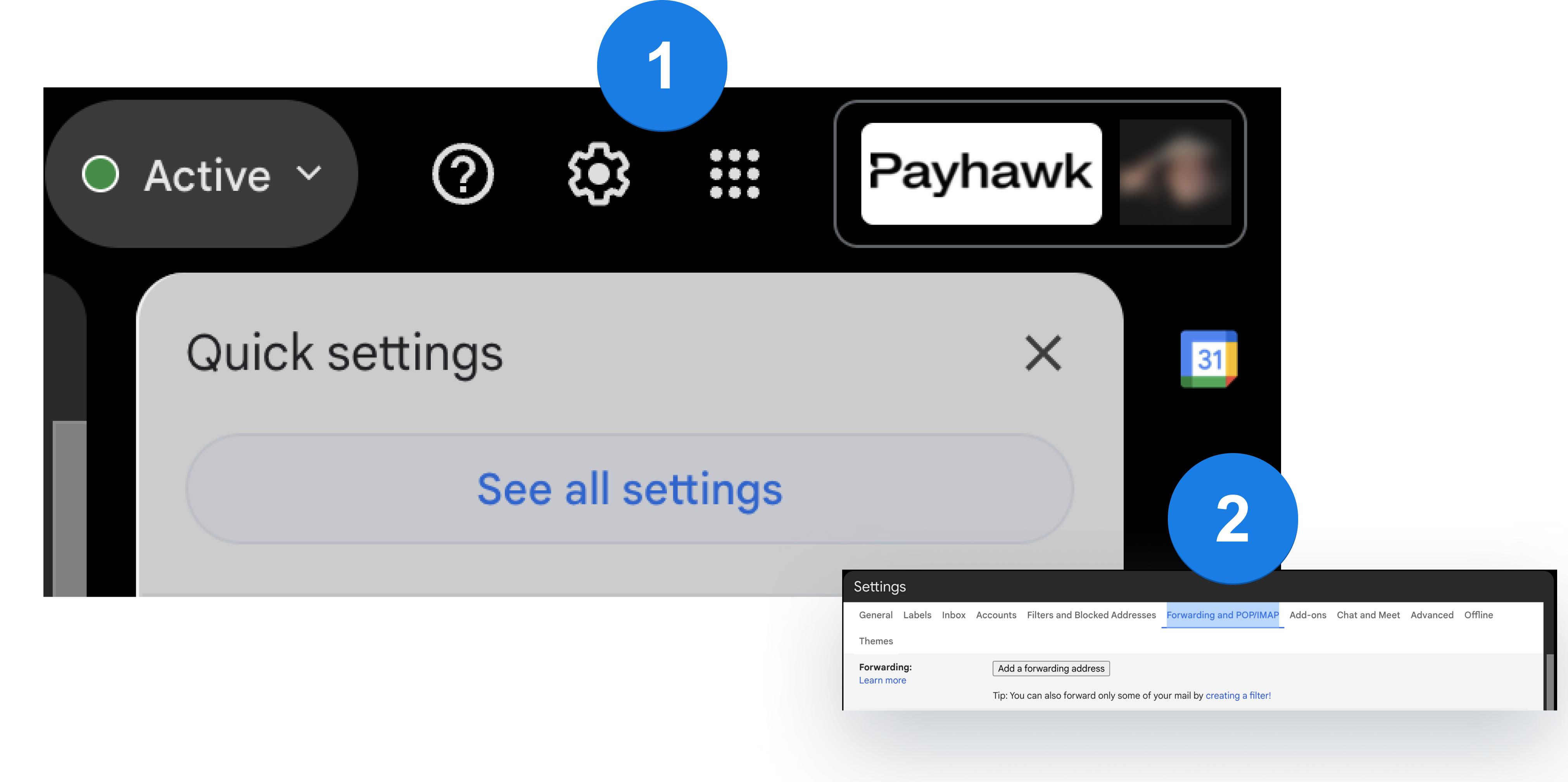 Gmail settings icon and the See all settings button in Quick settings