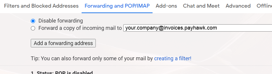 Gmail Forwarding and POP/IMAP tab with the Add a forwarding address button and the creating a filter link