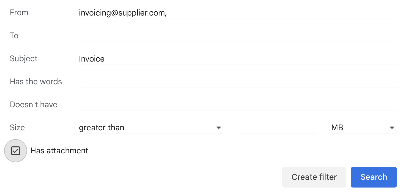 Gmail filter form with the supplier email in the From field and the Create filter button