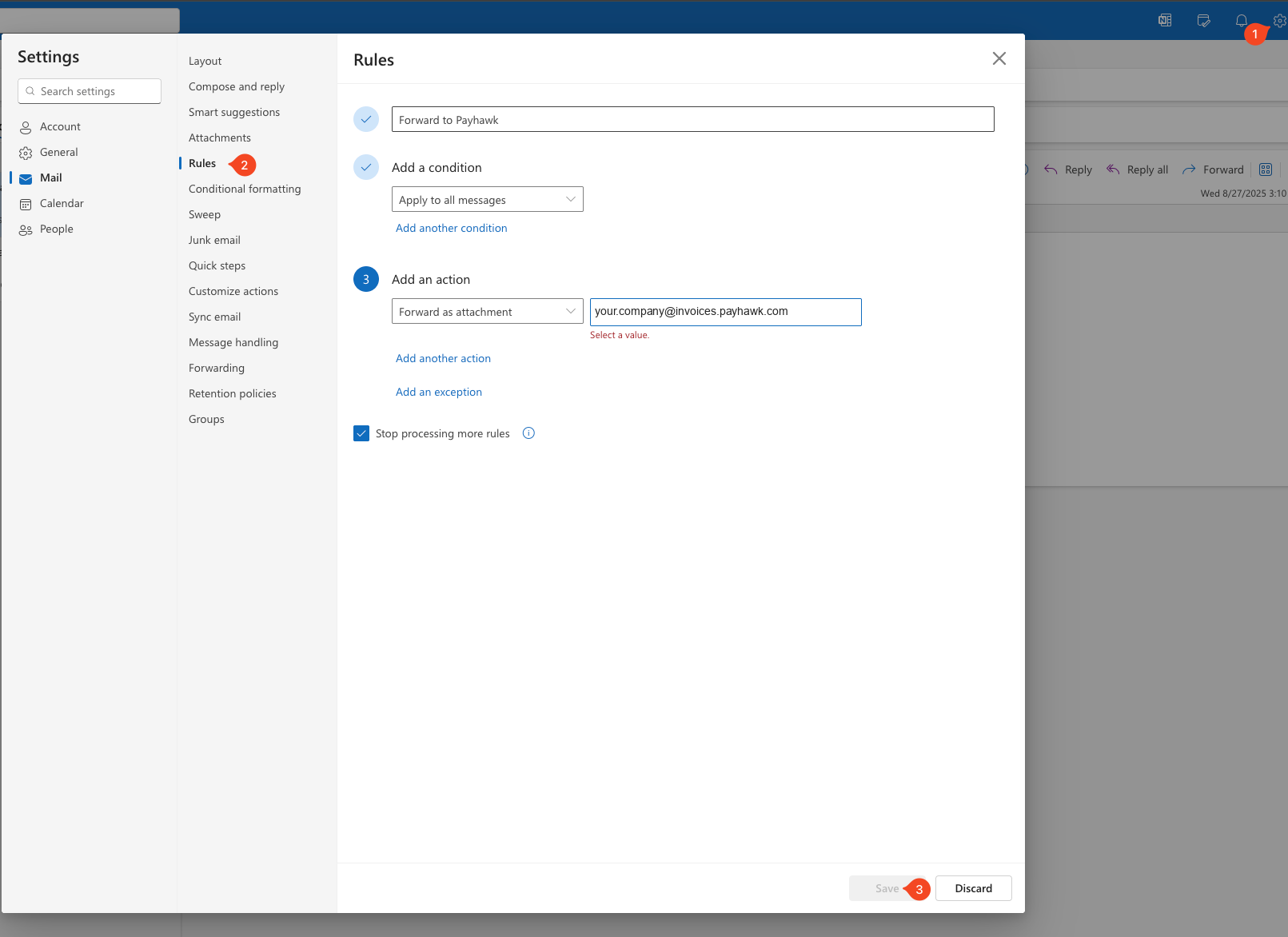 Outlook Rules settings with the Forward as attachment action and the Mailbox address
