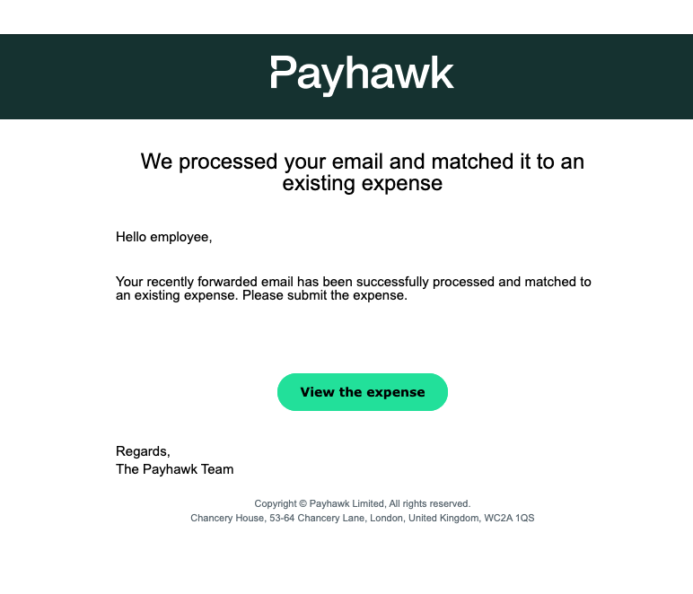 Email notification from Payhawk about processing an existing expense submission.