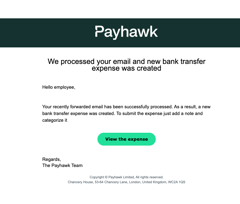 Email notification confirming creation of a new bank transfer expense for an employee.