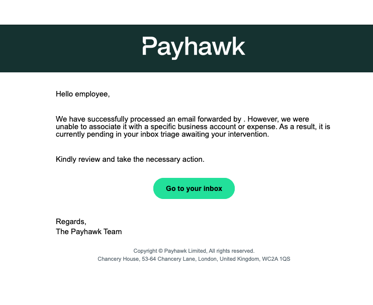 Email notification from Payhawk regarding pending inbox action for an employee.