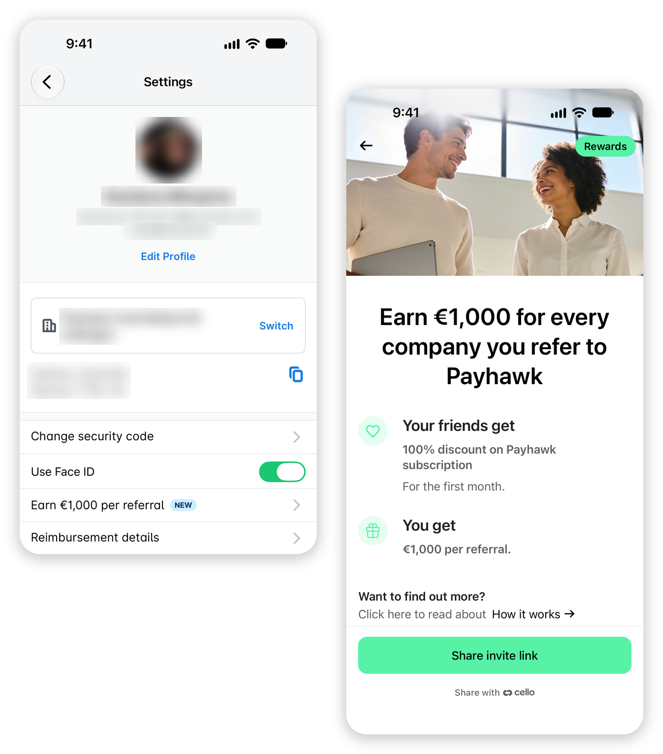 Settings in the Payhawk Mobile App with Earn €1,000 per referral, and the referral page with Share invite link