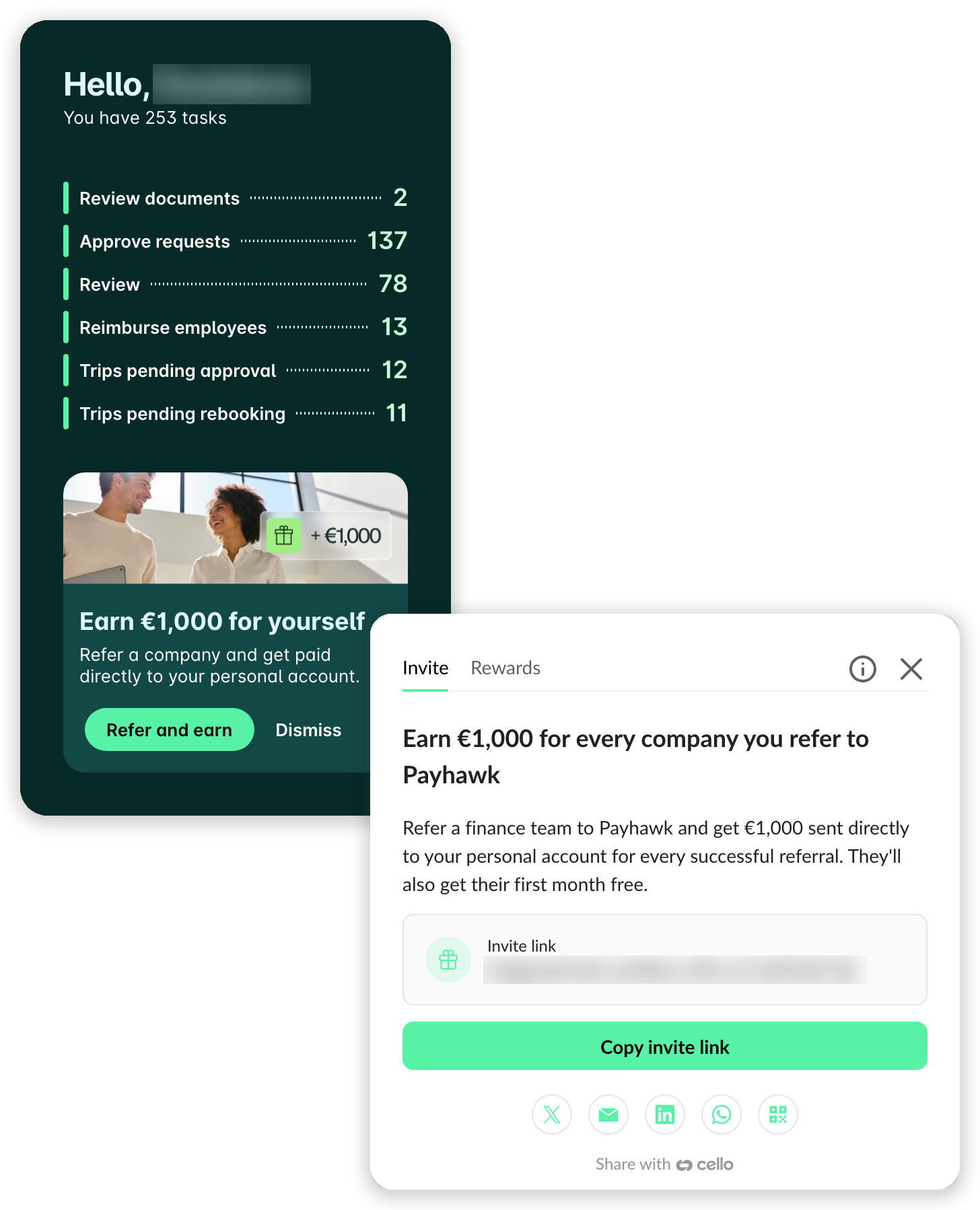The Earn €1,000 for yourself banner on the Dashboard and the Invite panel with the invite link and Copy invite link