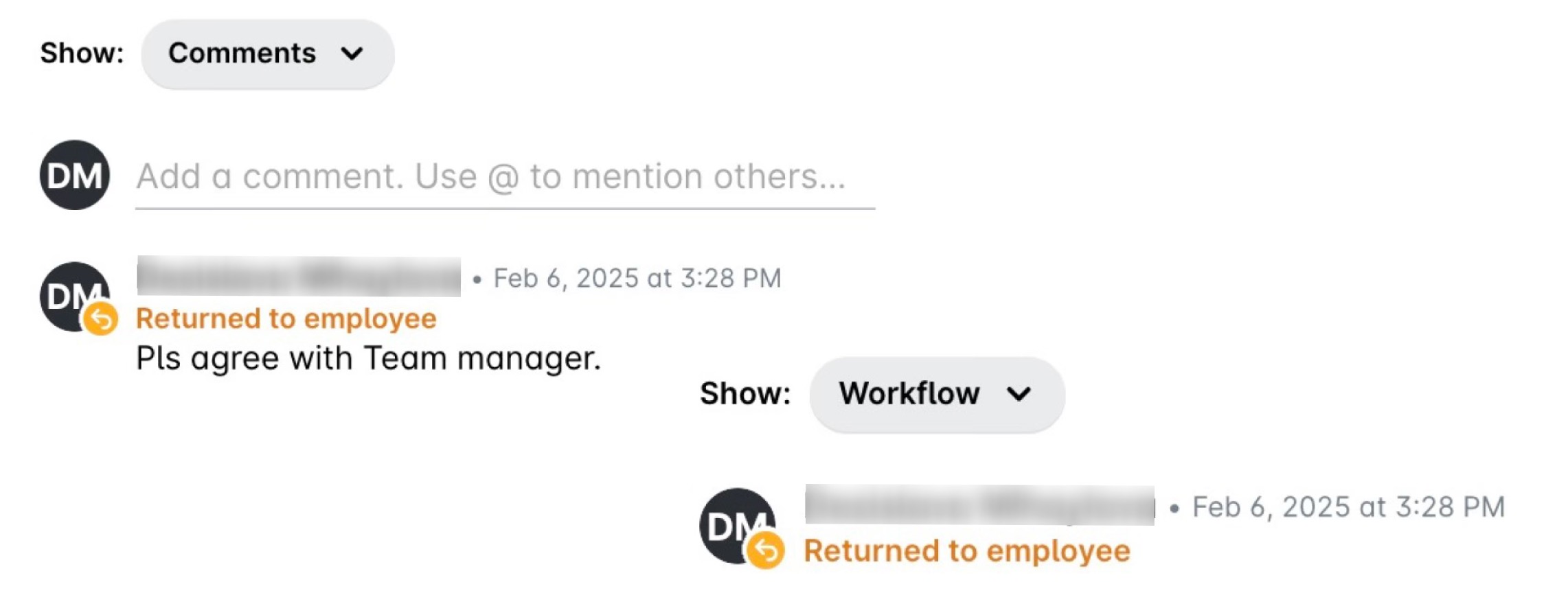 Request Activity section filtered by Comments and by Workflow, each showing a Returned to employee entry with the reason.
