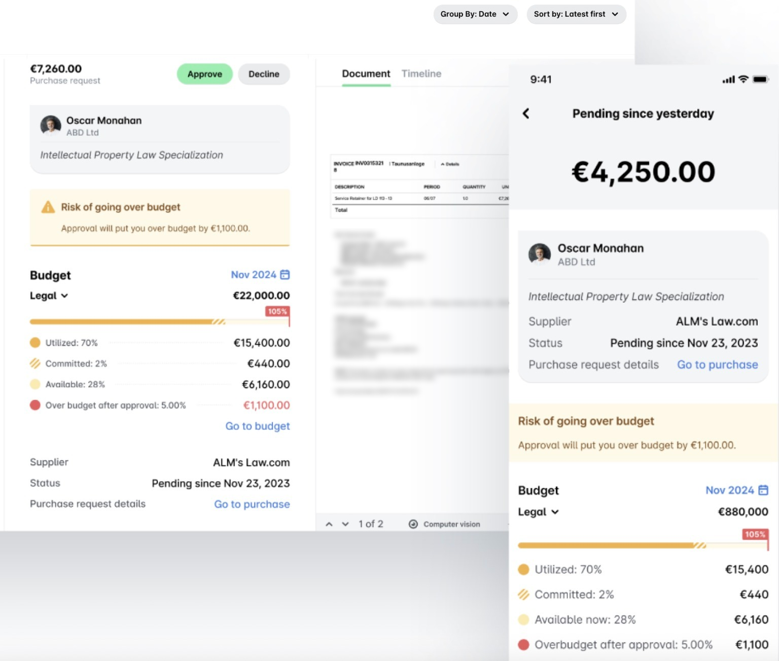 A purchase request linked to a budget in the web portal and the mobile app, with the budget overview and a Risk of going over budget warning.