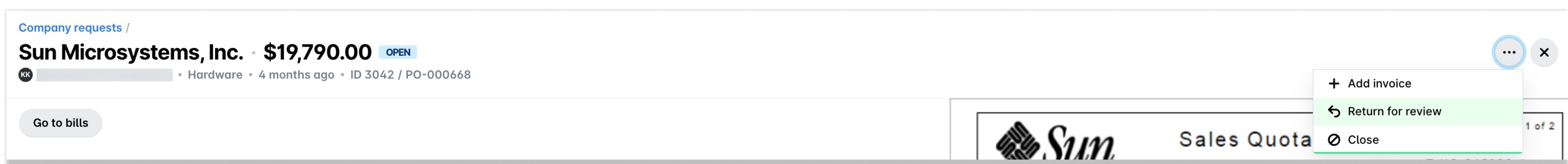 A request in the web portal with its three-dot menu open and Return for review highlighted.