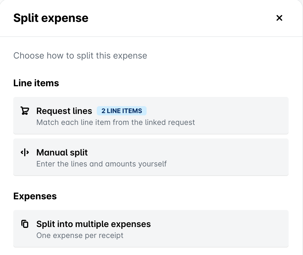 Split expense panel with the Request lines, Manual split, and Split into multiple expenses options.
