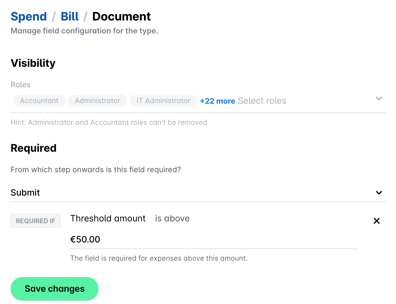 Document field settings for the Bill spend type of a group, with Submit selected under Required and the condition Required if Threshold amount is above EUR 50.00.