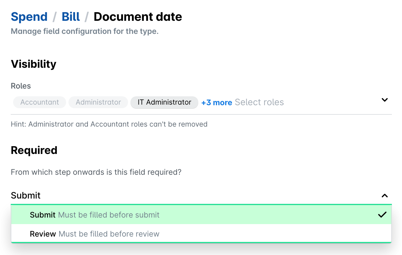 Document date field settings for the Bill spend type of an individual entity, with the Required drop-down open and Submit selected; the other option is Review.