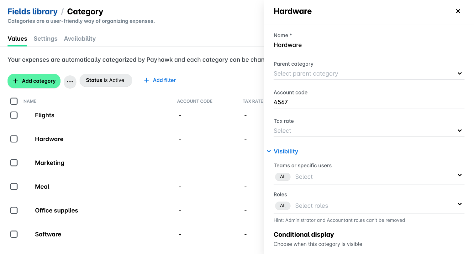Category values in the Fields library with the Hardware panel open and an account code entered.