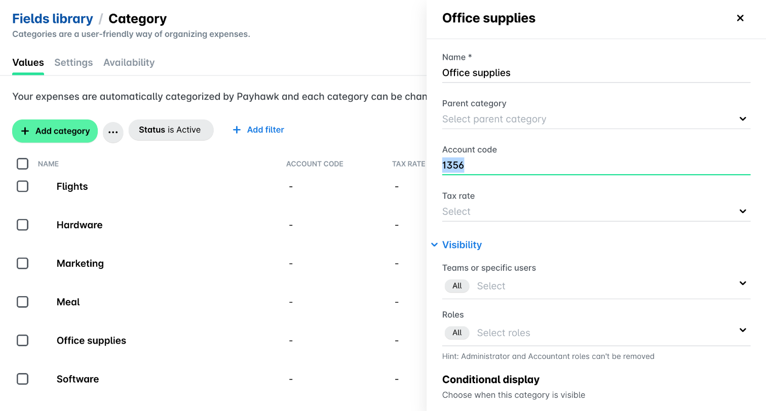 Category values in the Fields library with the Office supplies panel open and its account code selected for editing.