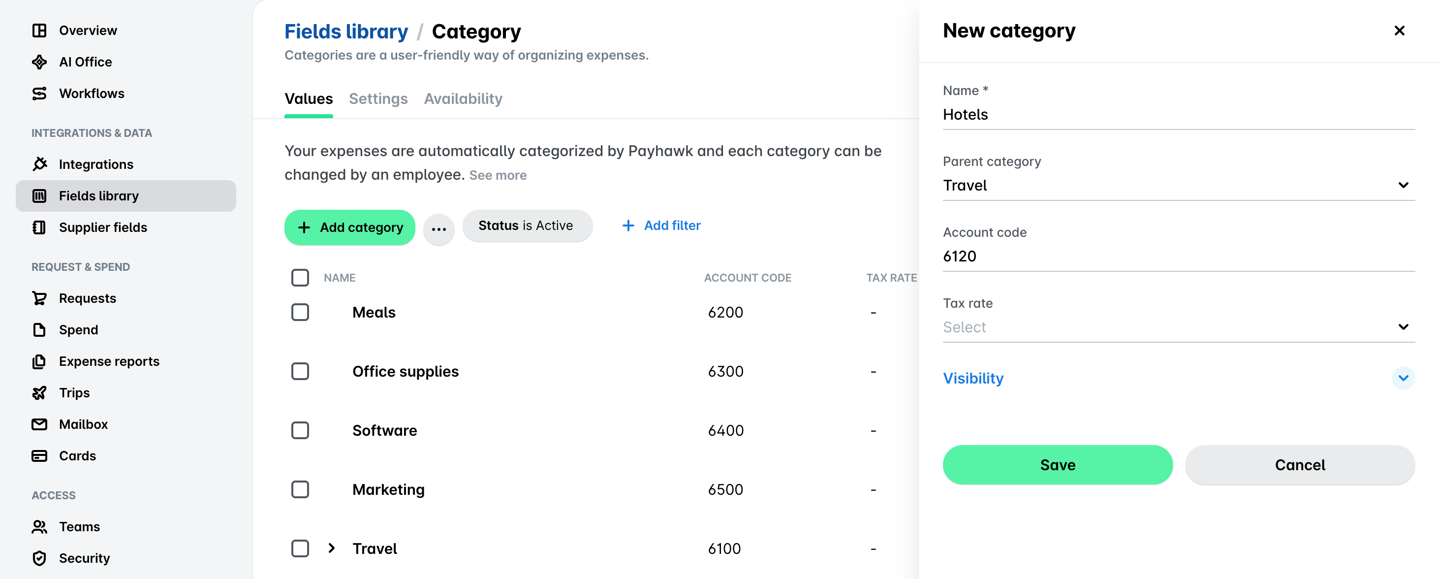 Category page with the New category panel open, showing the name Hotels, Travel selected as the parent category and the account code 6120.