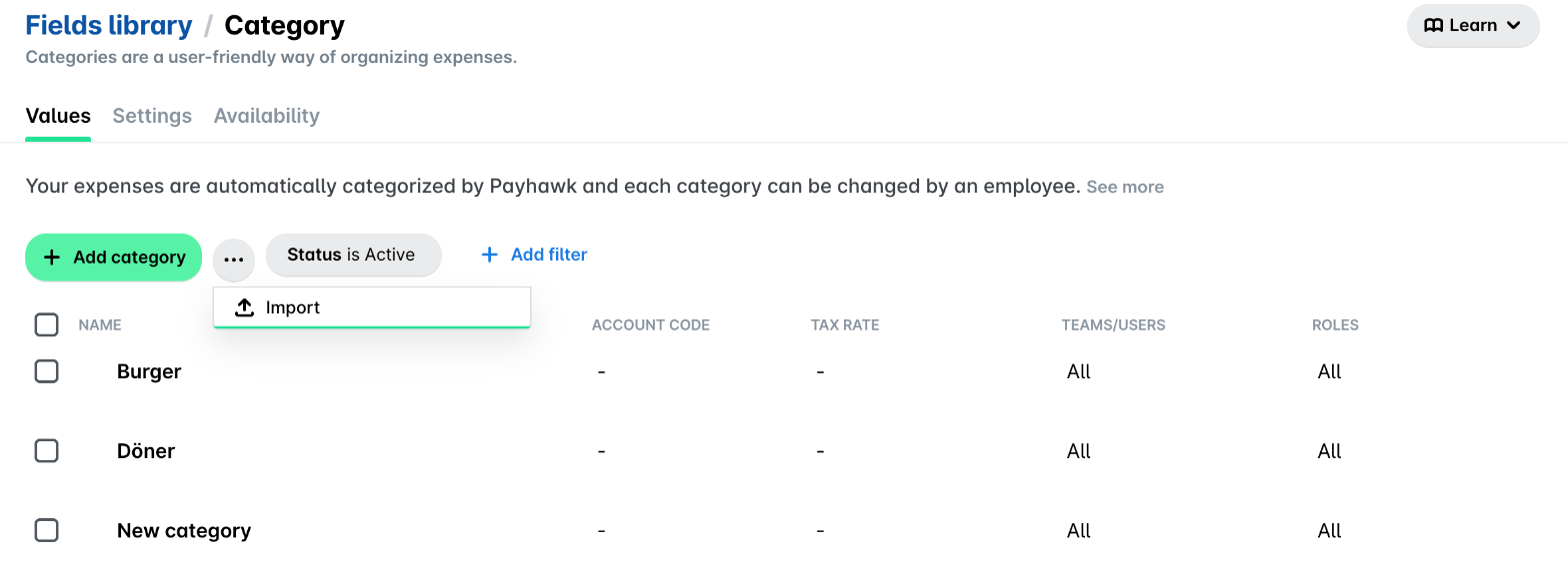 Category values in the Fields library with the three-dot menu open and the Import option.