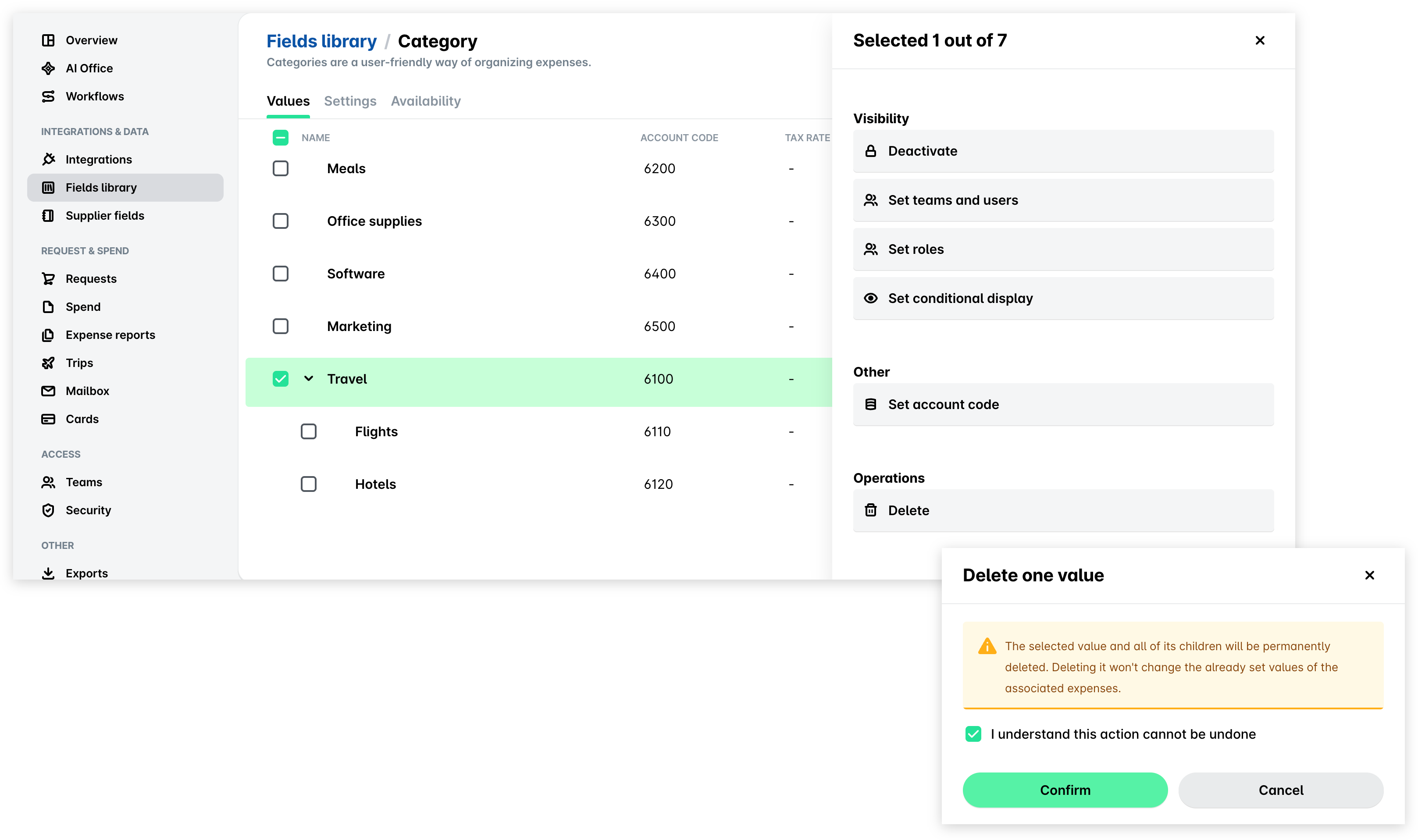 Category page with the Travel category selected and Delete under Operations, and the Delete one value panel warning that the category and all of its children will be deleted, with the confirmation checkbox selected.