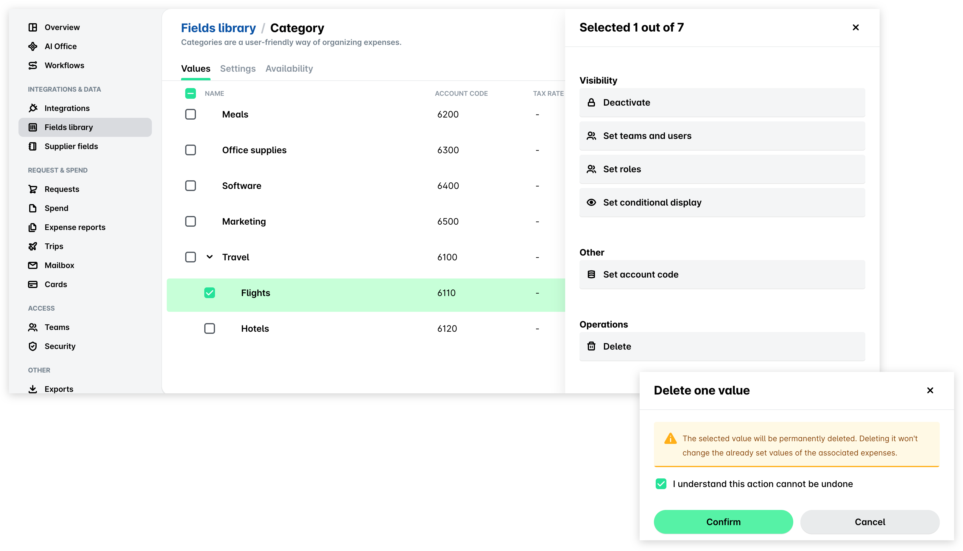 Category page with the Flights sub-category selected and Delete under Operations, and the Delete one value panel with the confirmation checkbox selected.