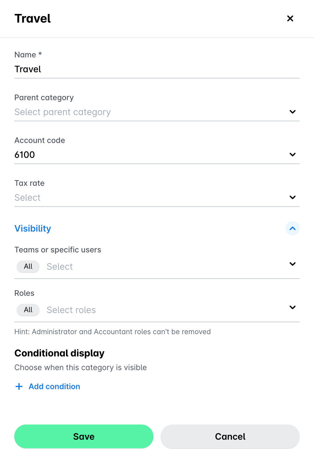 Panel for the Travel category with its name, parent category, account code, tax rate, visibility and conditional display settings, and the Save button.