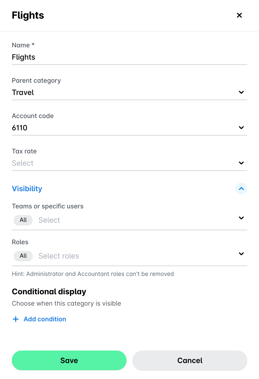 Panel for the Flights sub-category showing Travel as its parent category, the account code 6110, visibility and conditional display settings, and the Save button.