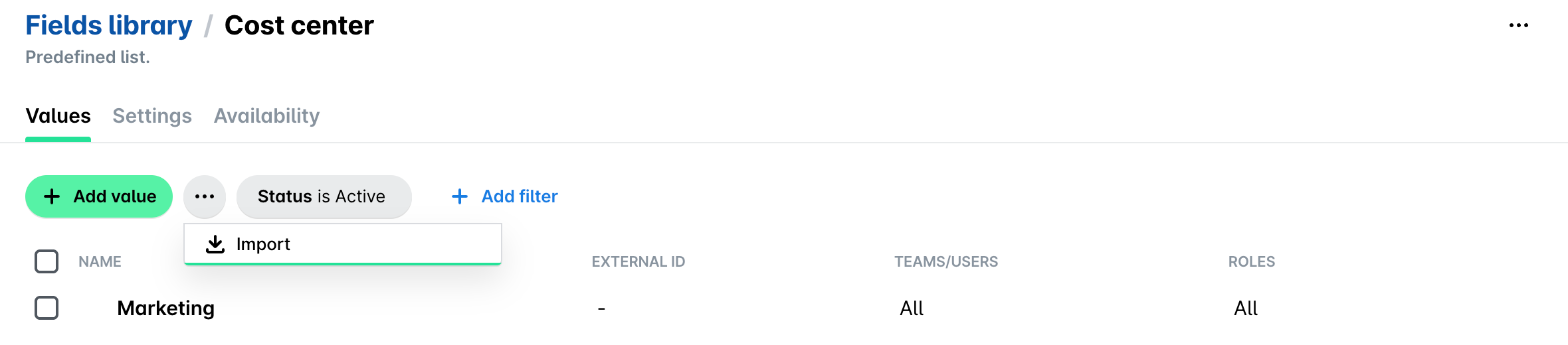 Cost center values in the Fields library with the three-dot menu open and the Import option.