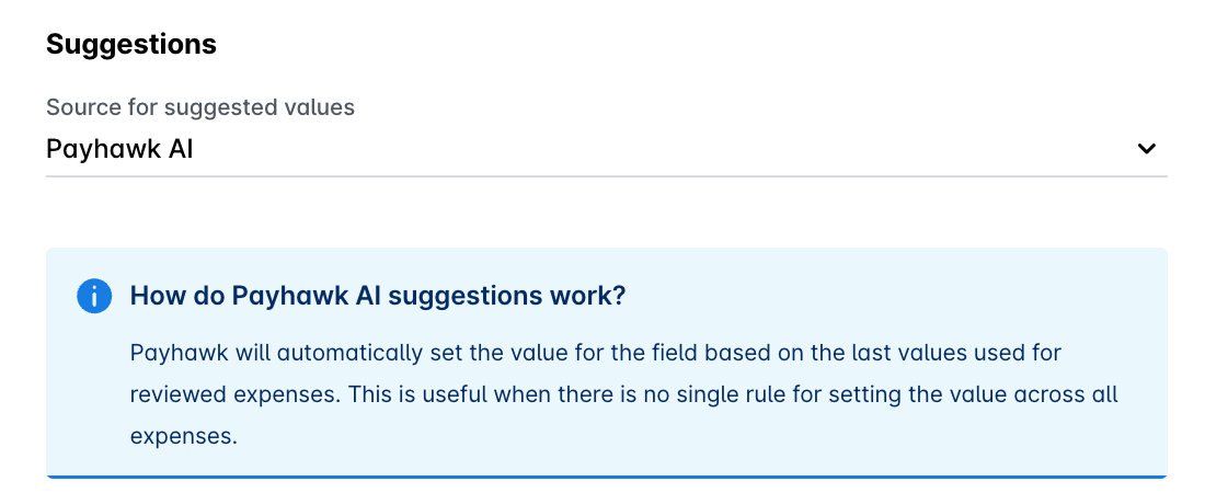 Suggestions set to Payhawk AI, with the note on how Payhawk AI suggestions work.