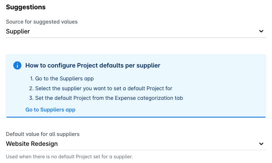 Suggestions set to Supplier, with Website Redesign as the default value for all suppliers.