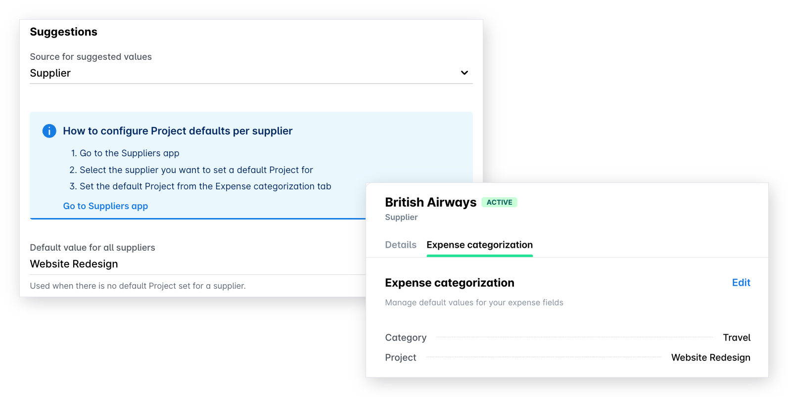 Suggestions set to Supplier, and a supplier's Expense categorization tab with a default Project value.