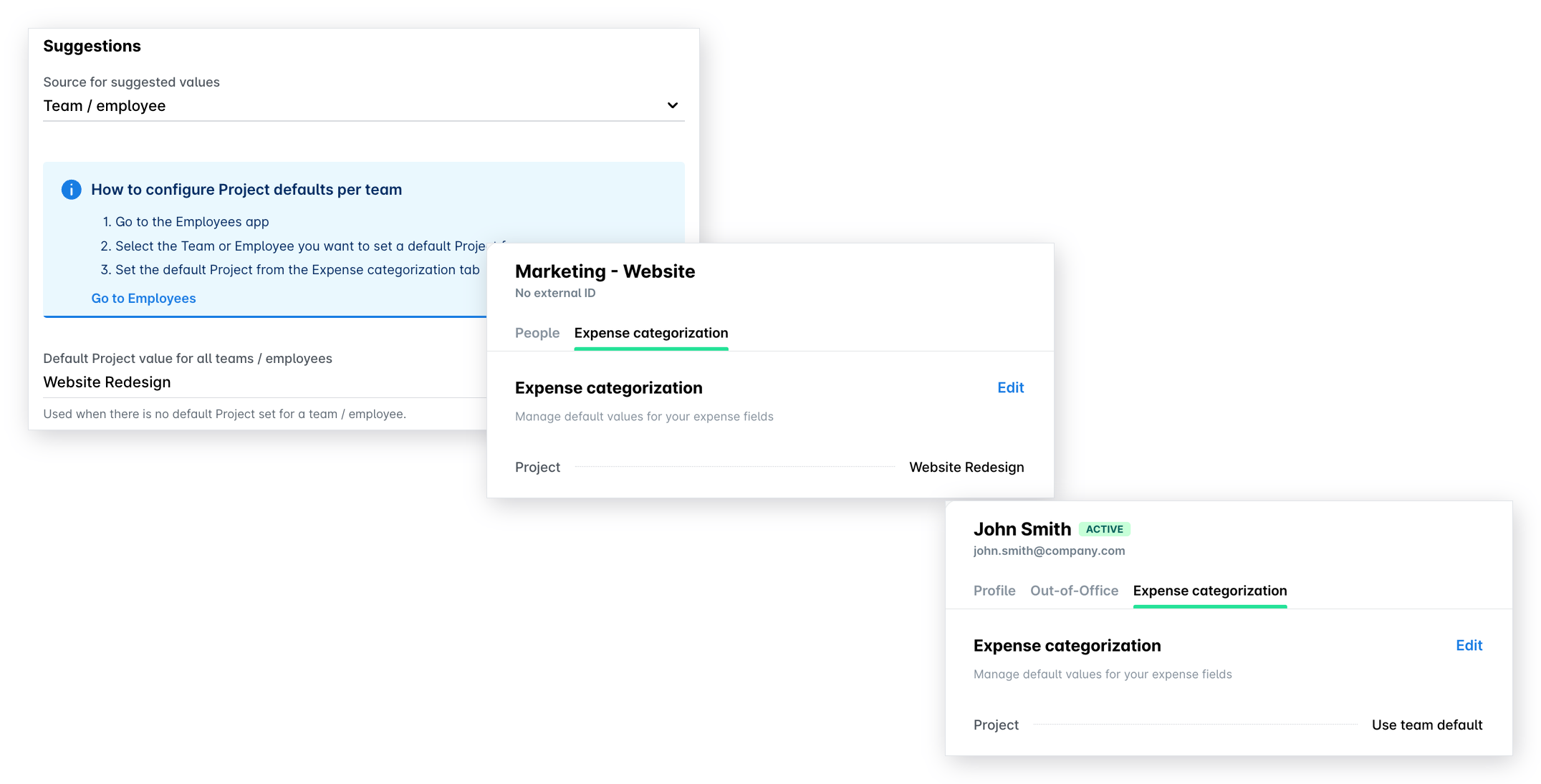 Suggestions set to Team / employee, a team's Expense categorization tab with a Project value, and an employee's tab showing Use team default.