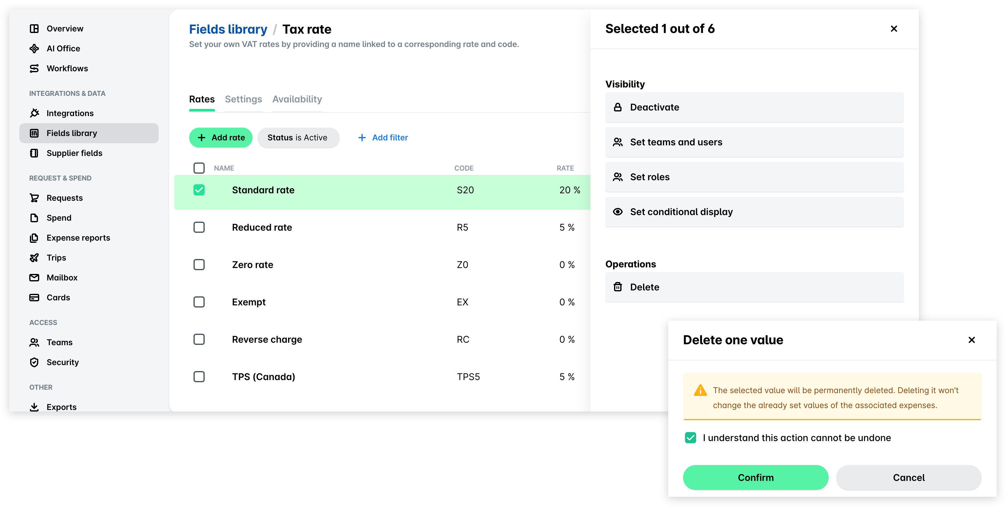Tax rate page with the Standard rate selected and Delete under Operations, and the Delete one value panel with the confirmation checkbox selected and the Confirm button.