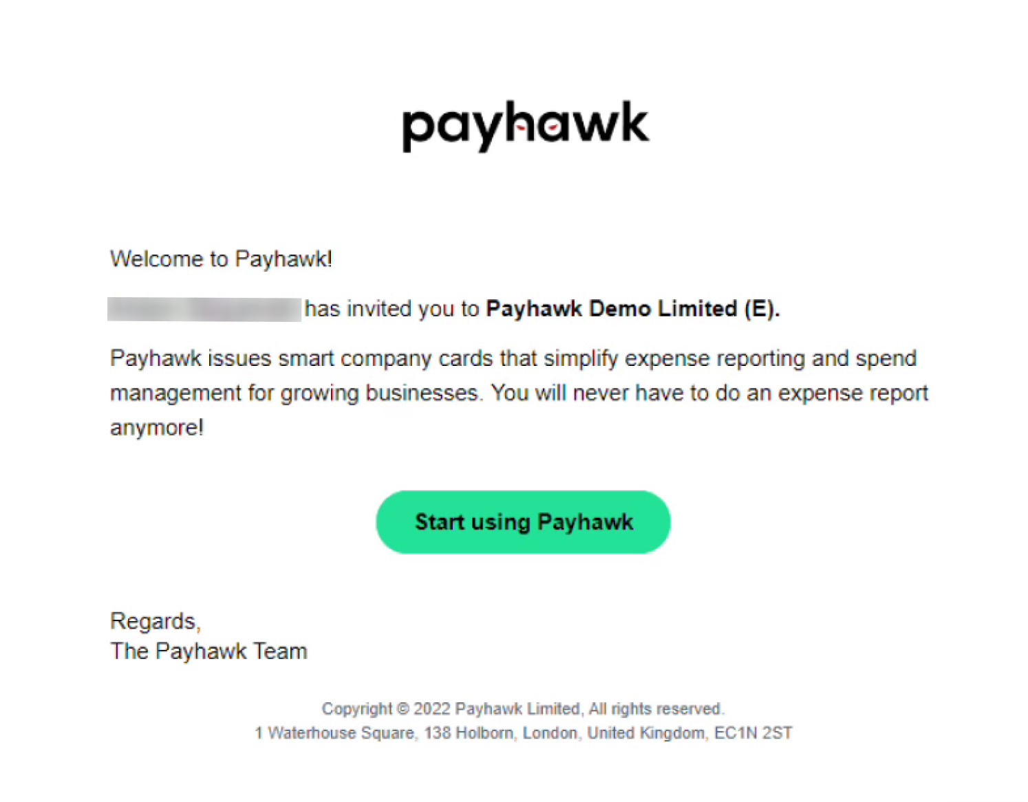 E-mail de bienvenue de Payhawk invitant l'employé à rejoindre le compte, avec un bouton pour commencer à utiliser Payhawk.