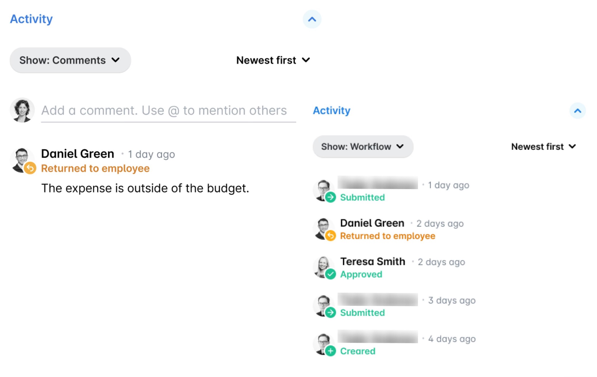 Activity section of an expense with a comment from the approver who returned it, next to the Workflow view of the activity.
