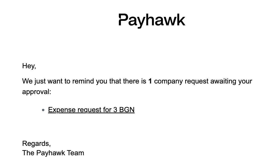 Payhawk email reminding the approver about a company request awaiting approval.