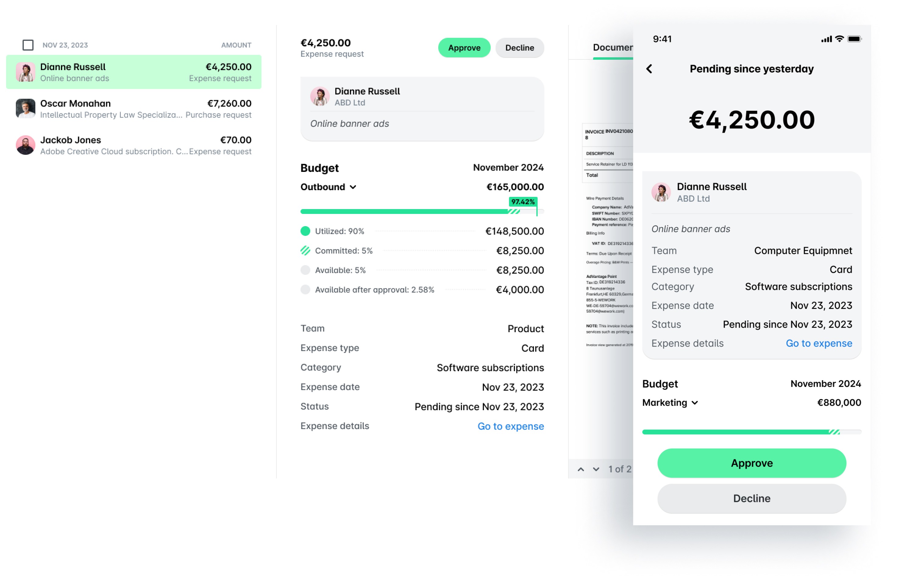 An expense request in the Payhawk Inbox on the web and on mobile, showing the budget details and the Approve and Decline buttons.