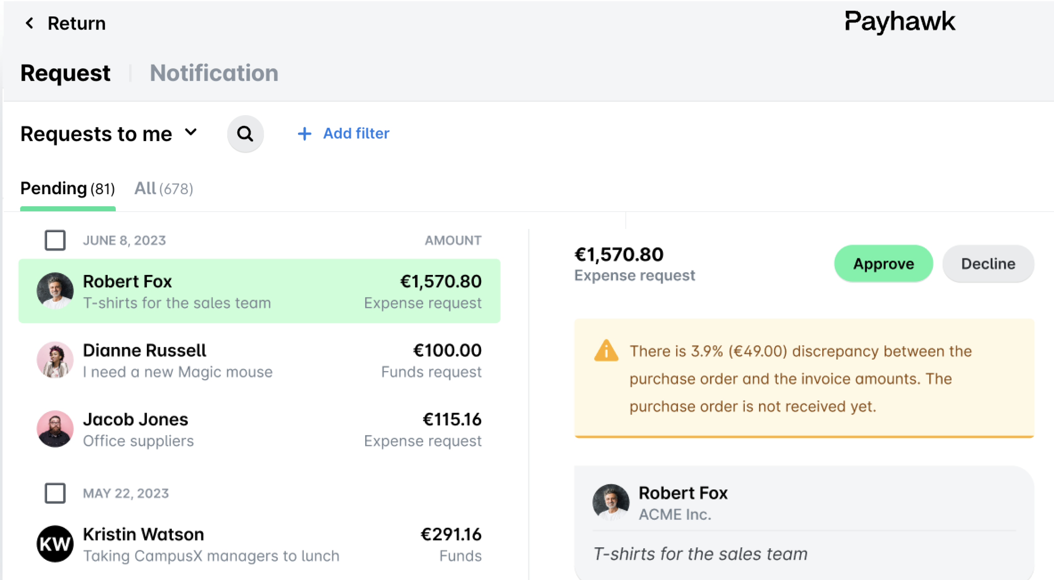 Requests to me in the Payhawk Inbox with an expense request selected and a warning about a discrepancy between the purchase order and invoice amounts.