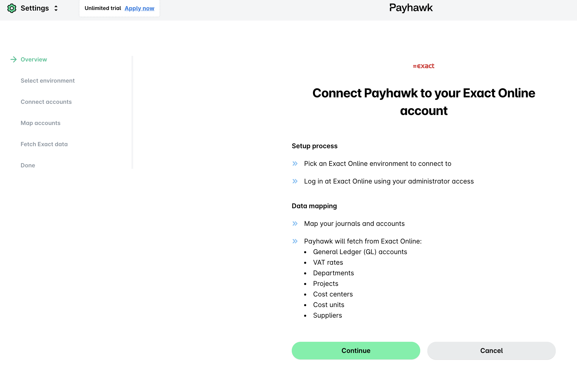 Écran de connexion de Payhawk à votre compte Exact Online avec les étapes de configuration et le bouton Continuer.
