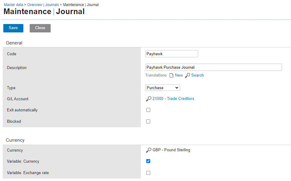 Paramètres du journal des achats dans Exact Online avec l'option Variable : devise cochée.