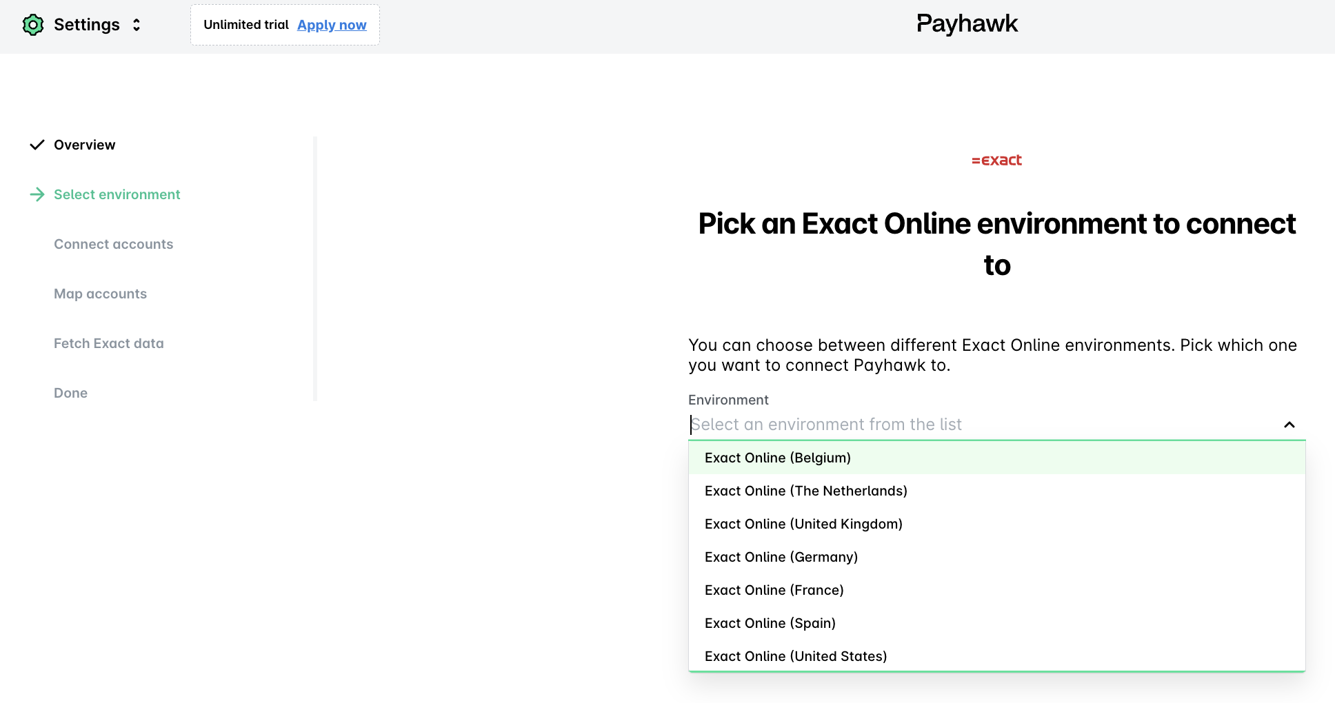 Liste déroulante des environnements Exact Online auxquels vous pouvez vous connecter.