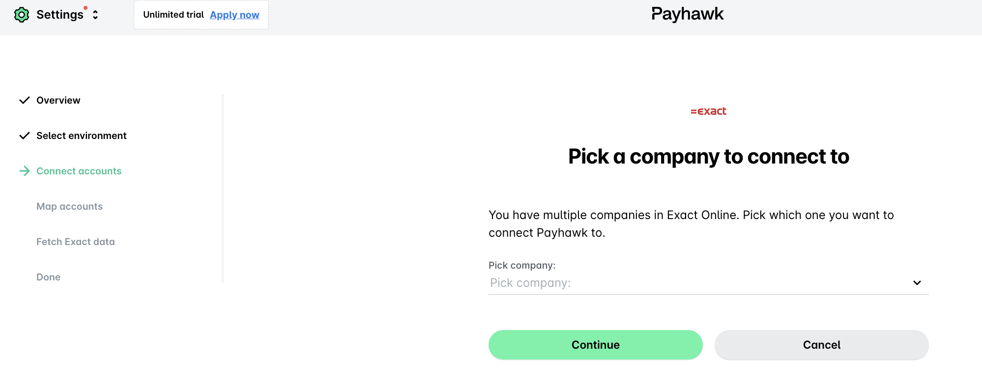 Écran de choix de l'entreprise à connecter, avec une liste déroulante.