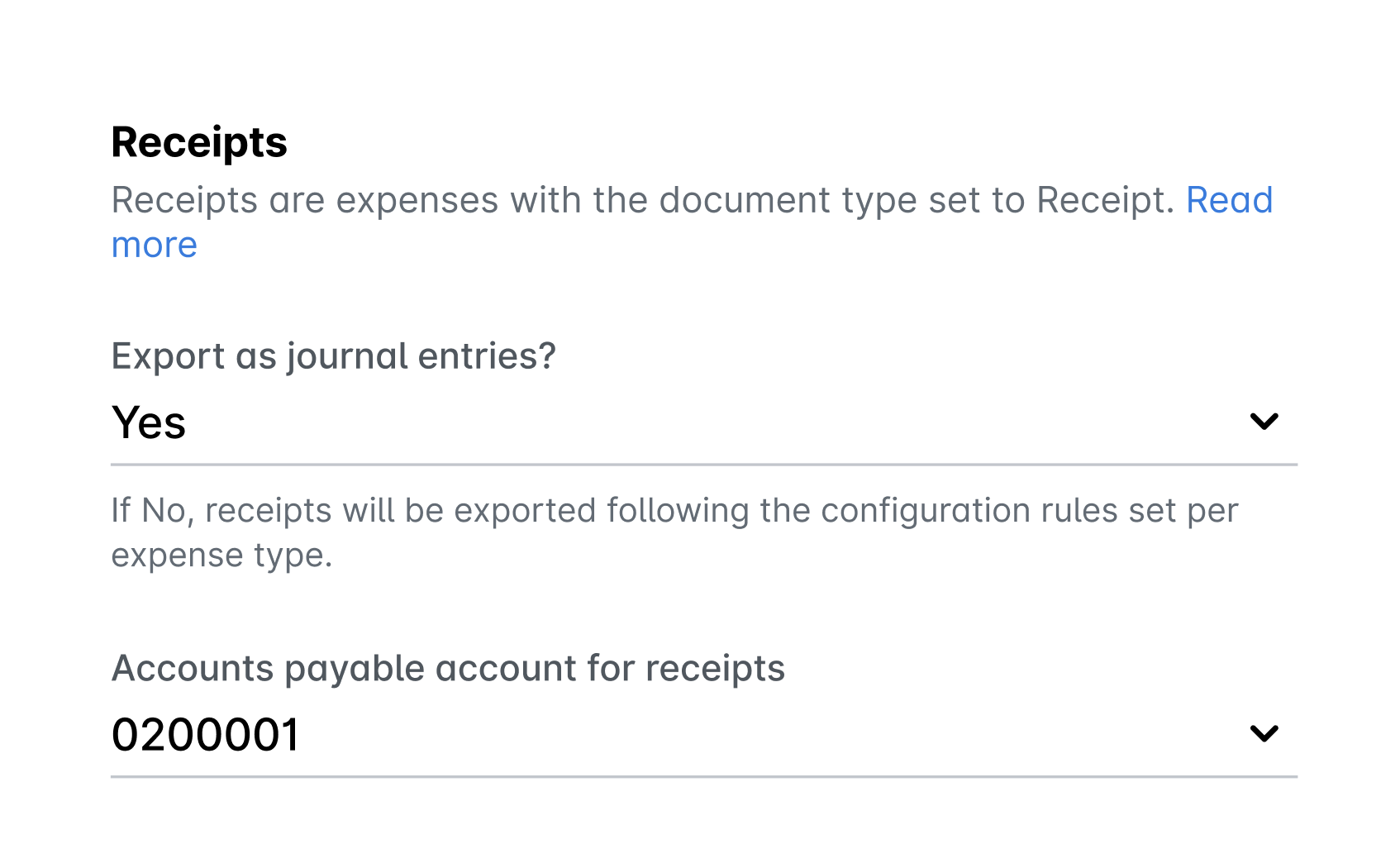 Receipts settings with Export as journal entries? set to Yes and the Accounts payable account for receipts.