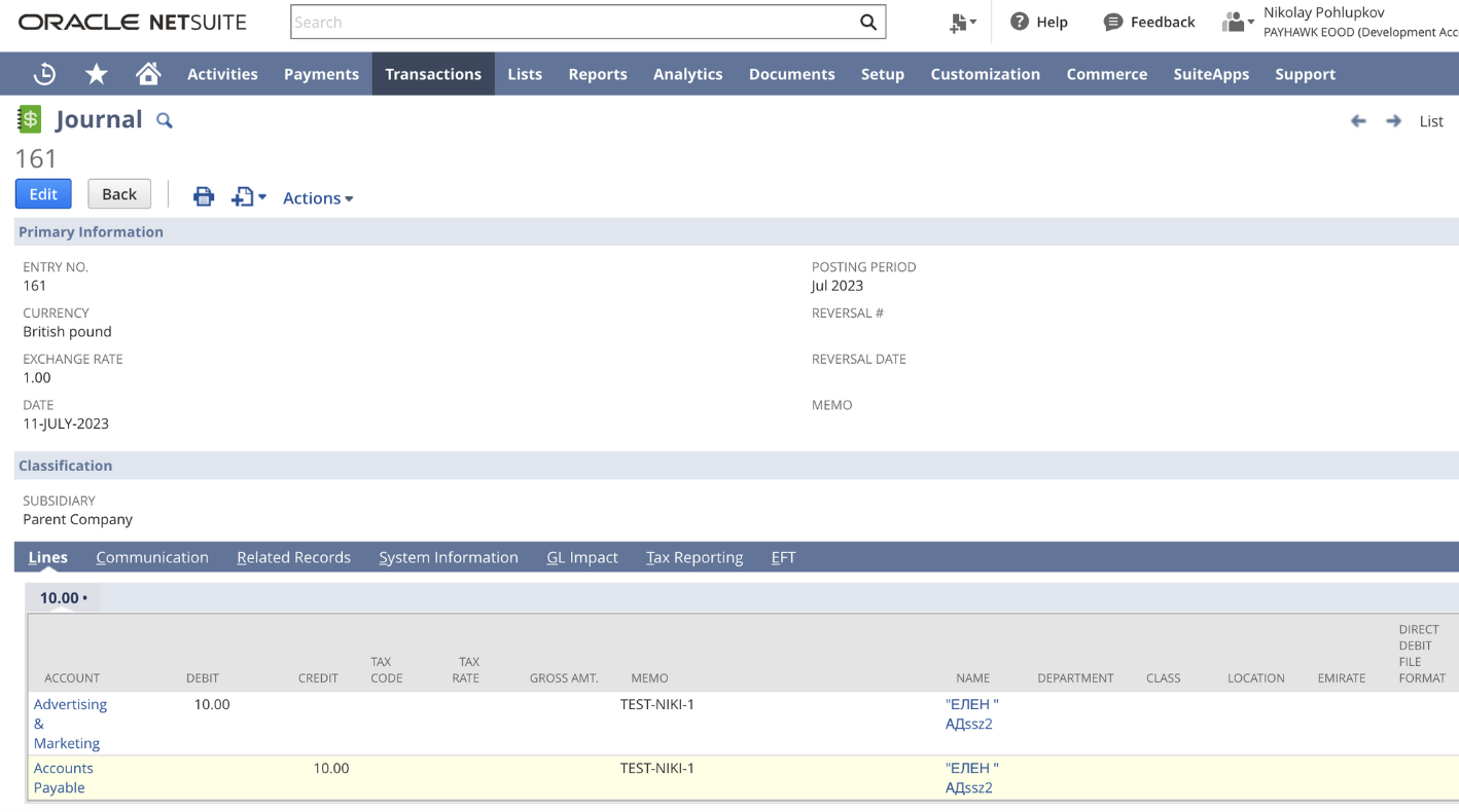 An exported journal entry in Oracle NetSuite with the expense and accounts payable lines.