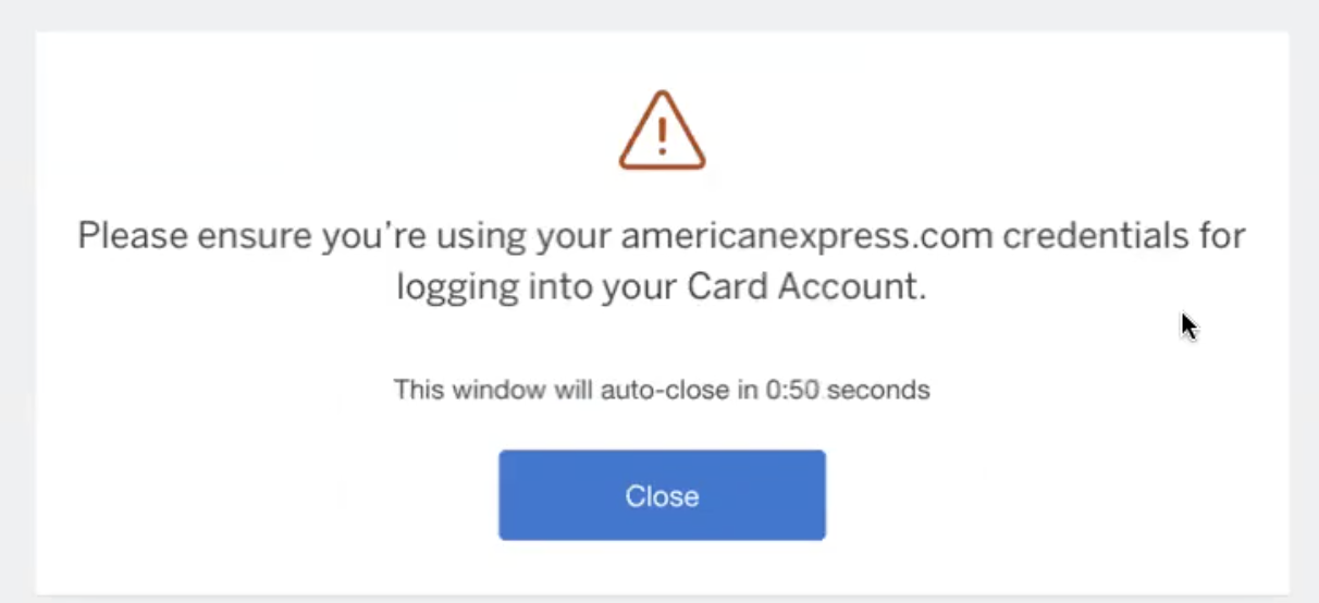 American Express window asking you to log in with your americanexpress.com credentials, with a Close button